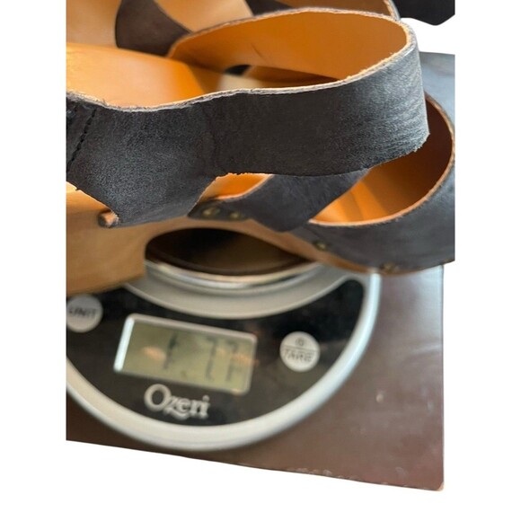 Korks Wendy Cross Strap Studded Platform Heeled Clogs Tan Denim Blue Size 7M - Picture 12 of 13